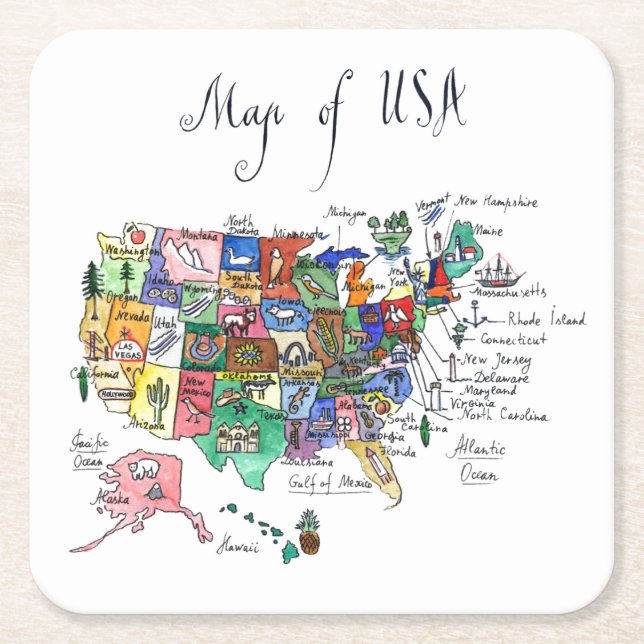Map of Attractions of United States of America Square Paper Coaster (Front)
