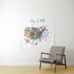 Map of Attractions of United States of America Tapestry