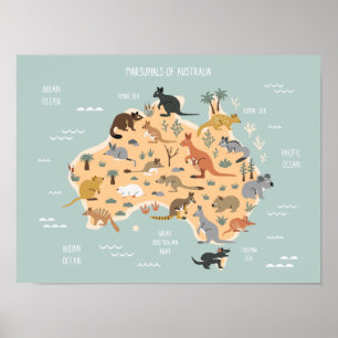 Map of Australian marsupials kids Poster