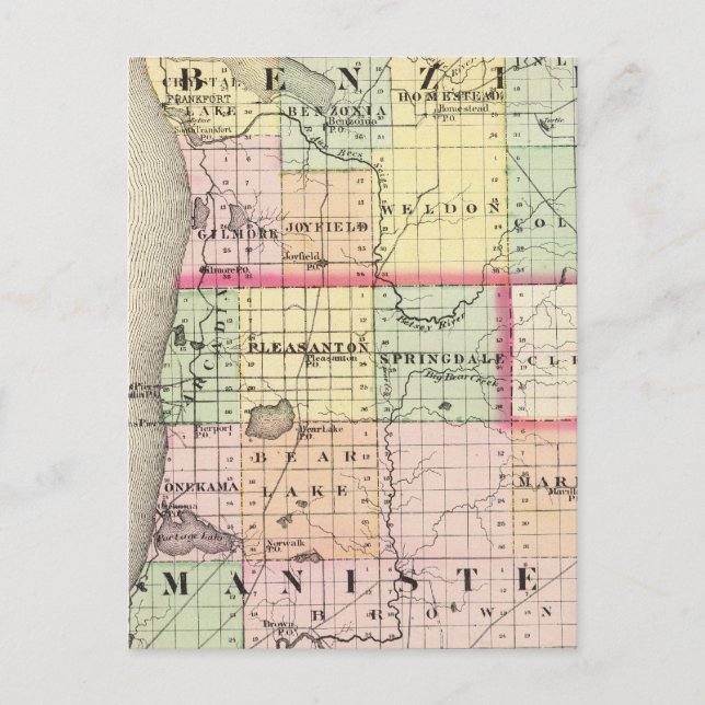 Map of Benzie and Manistee counties, Michigan Postcard (Front)