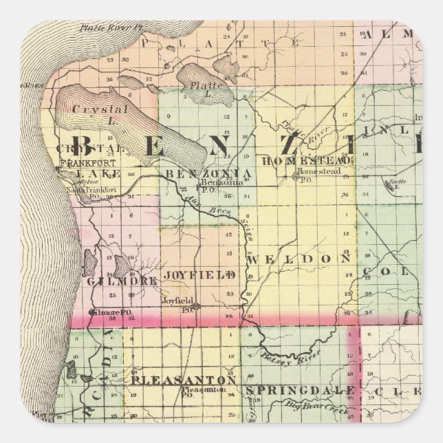 Map of Benzie and Manistee counties, Michigan Square Sticker (Front)