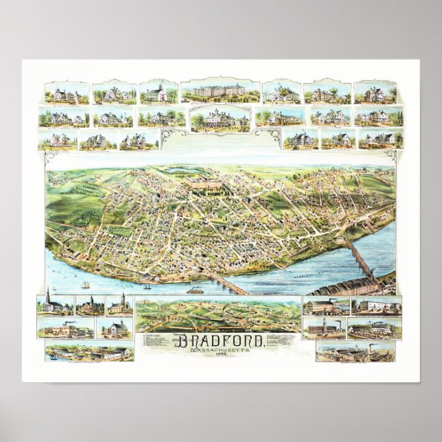 Map of Bradford Massachusetts in 1892 Poster (Front)
