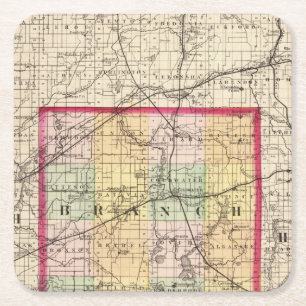 Map of Branch County, Michigan Square Paper Coaster
