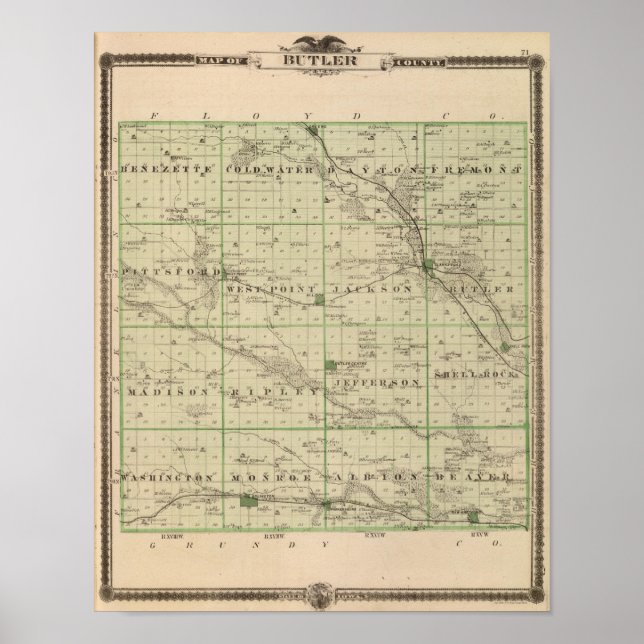 Map of Butler County, State of Iowa Poster (Front)