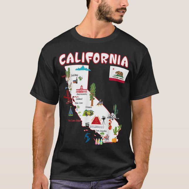 Map of California Landmarks, major cities, flag  T-Shirt (Front)