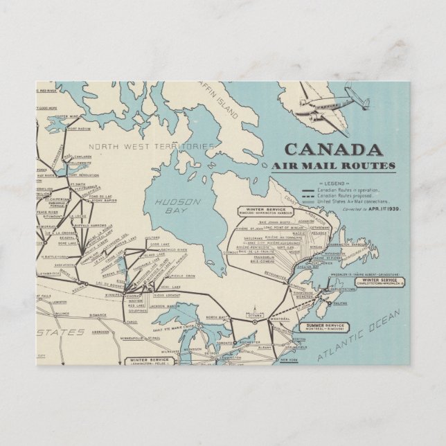 Map of Canada - Canada Air Mail Routes Postcard (Front)