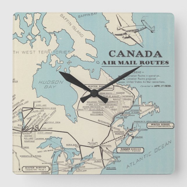 Map of Canada - Canada Air Mail Routes Square Wall Clock (Front)