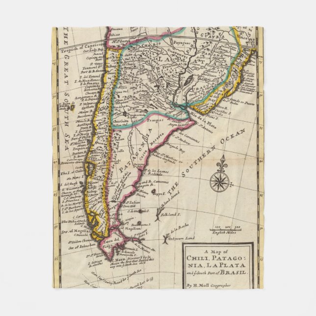Map of Chilli, Patagonia, La Plata Fleece Blanket (Front)