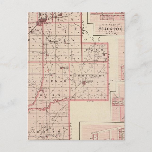 Map of Clay County with Staunton, Harmony Postcard (Front)