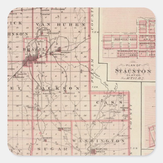 Map of Clay County with Staunton, Harmony Square Sticker (Front)