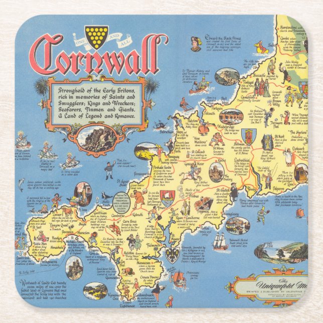 Map of Cornwall, England Square Paper Coaster (Front)