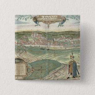 Map of Cracow, from 'Civitates Orbis Terrarum' by 15 Cm Square Badge