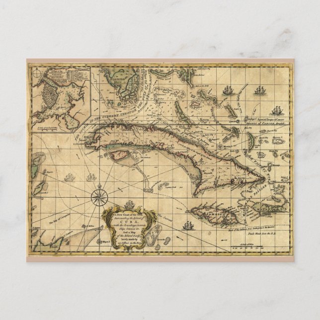 Map of Cuba and Surrounding Seas (1762) Postcard (Front)