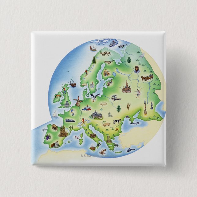 Map of Europe with illustrations of famous 15 Cm Square Badge (Front)