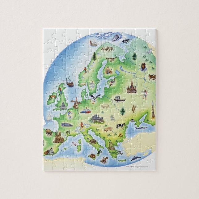Map of Europe with illustrations of famous Jigsaw Puzzle (Vertical)