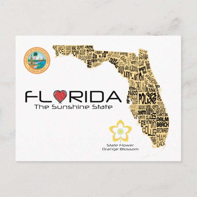 Map of Florida with all counties spelled out Postcard (Front)