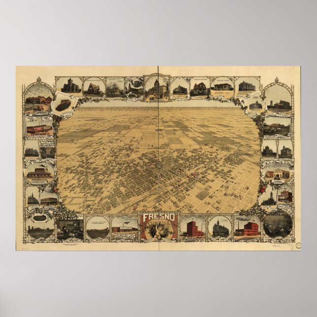Map of Fresno, Birds-Eye View, 1901 Poster (Front)