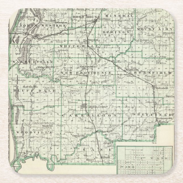 Map of Green County and Carrollton Square Paper Coaster (Front)