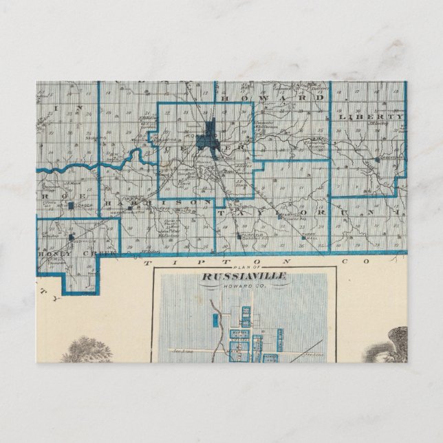 Map of Howard County with Russiaville Postcard (Front)