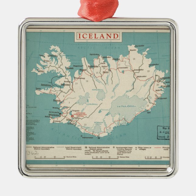 Map of Iceland (circa 1959) Metal Tree Decoration (Front)