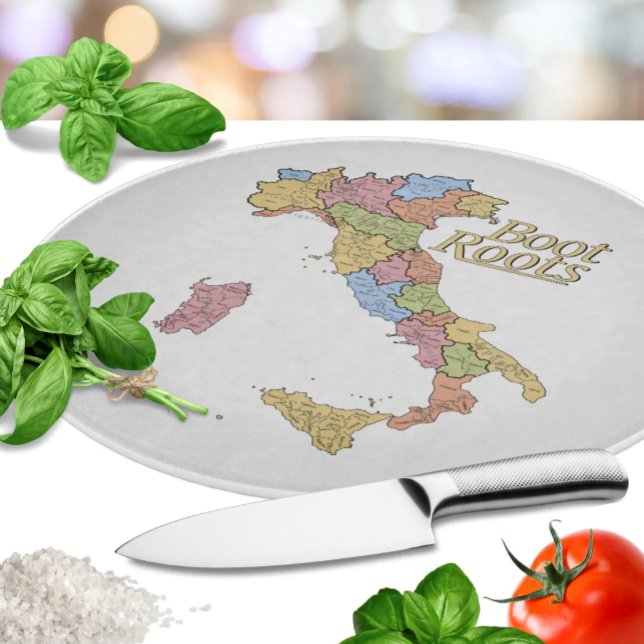 Map of Italy "Boot Roots"  Cutting Board (Map of Italy "Boot Roots" - Italian heritage glass cutting board - housewarming or bridal shower )