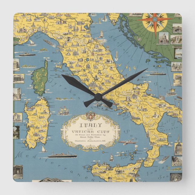 Map of Italy with Vatican City Square Wall Clock (Front)