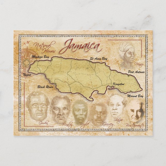Map of Jamaica with National Heroes Postcard (Front)
