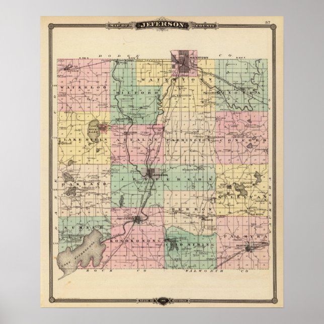 Map of Jefferson County, State of Wisconsin Poster (Front)