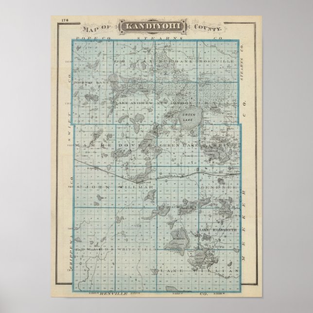 Map of Kandiyohi County, Minnesota Poster (Front)