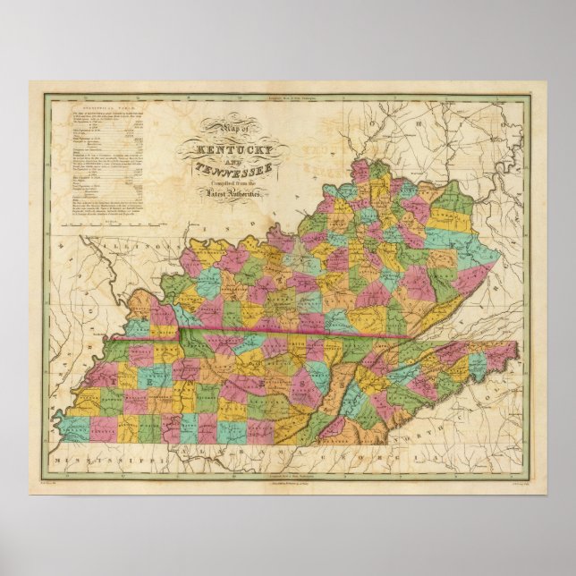 Map of Kentucky And Tennessee Poster (Front)