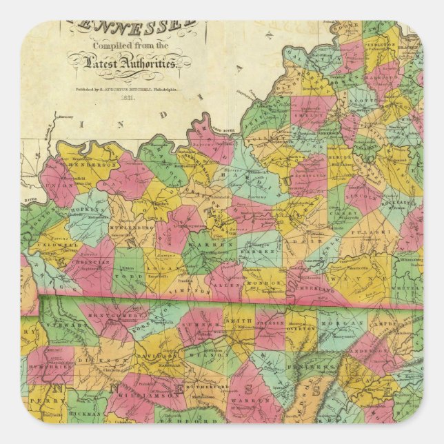 Map of Kentucky and Tennessee Square Sticker (Front)
