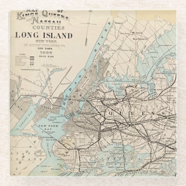 Map of Kings, Queens, Long Island Glass Coaster (Front)