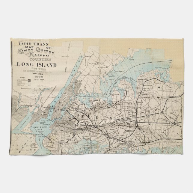 Map of Kings, Queens, Long Island Tea Towel (Horizontal)