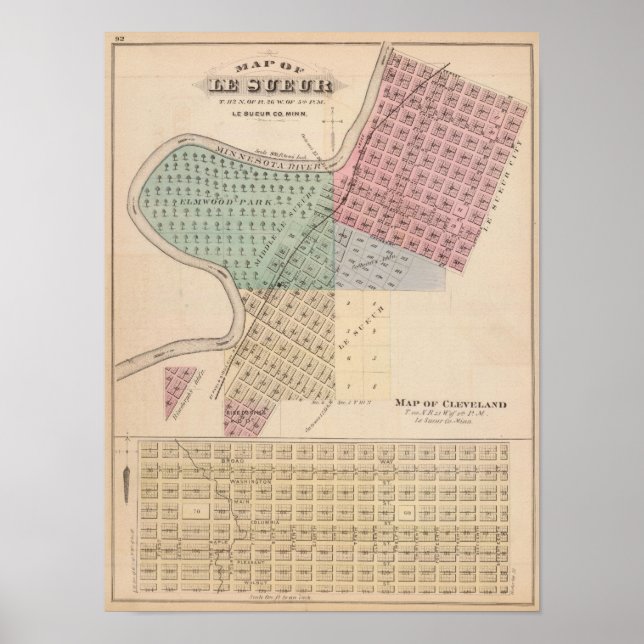 Map of Le Sueur, Map of Cleveland, Minnesota Poster (Front)