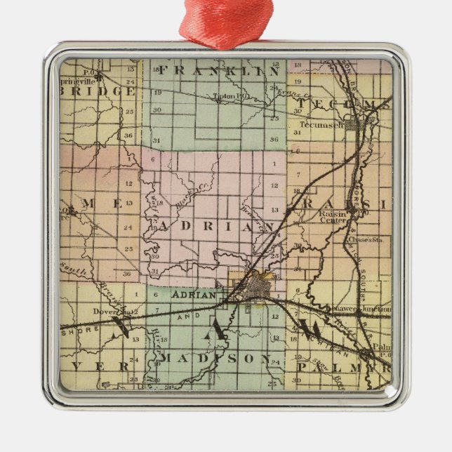 Map of Lenawee County, Michigan Metal Tree Decoration (Front)