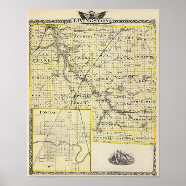 Map of Livingston County and Pontiac Poster (Front)