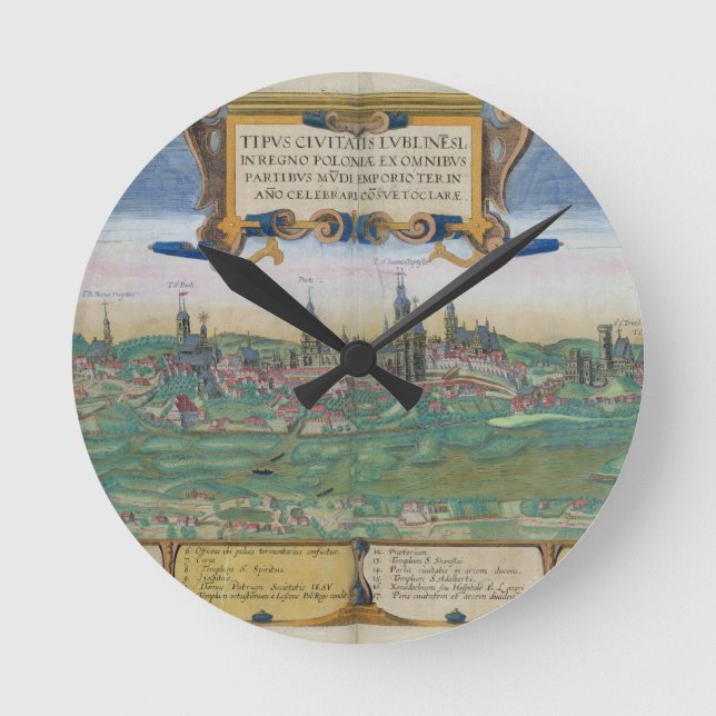 Map of Lublin, from 'Civitates Orbis Terrarum' by Round Clock (Front)