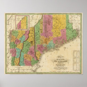 Map of Maine New Hampshire And Vermont Poster