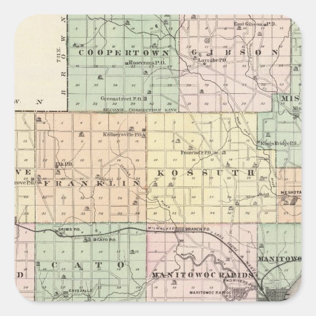 Map of Manitowoc County, State of Wisconsin Square Sticker (Front)