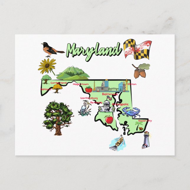  map of Maryland state, USA, major cities Postcard (Front)