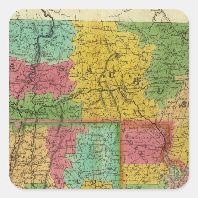 Map of Massachusetts and Connecticut Square Sticker (Front)