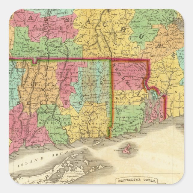 Map of Massachusetts Connecticut And Rhode Island Square Sticker (Front)
