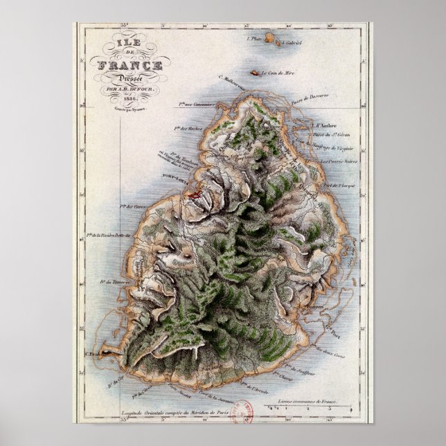 Map of Mauritius, illustration 'Paul et Virginie' Poster (Front)