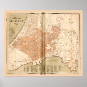 Map of Mumbai (Bombay), India (1855) Poster