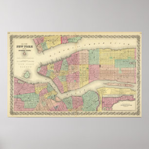 Map Of New York And The Adjacent Cities Poster