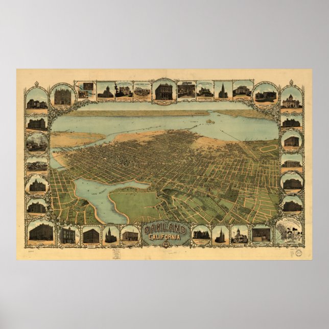 Map of Oakland, Birds-Eye View, 1900 Poster (Front)