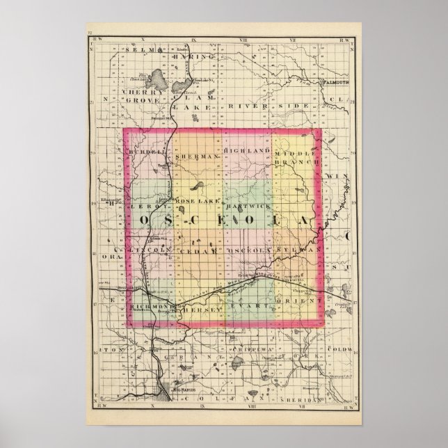 Map of Osceola County, Michigan Poster (Front)