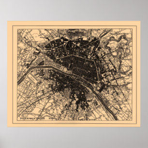 Map of Paris France, circa 1890 - 1907 Poster