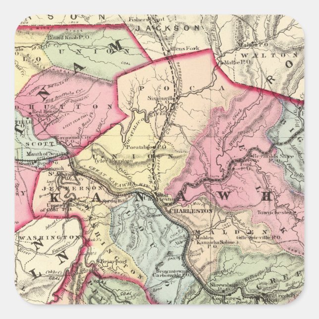 Map of Putnam, Kanawha, Boone counties Square Sticker (Front)
