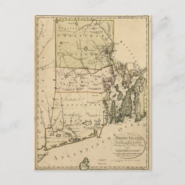 Map of Rhode Island by Carl Ernst Bohn (1797) Postcard (Front)